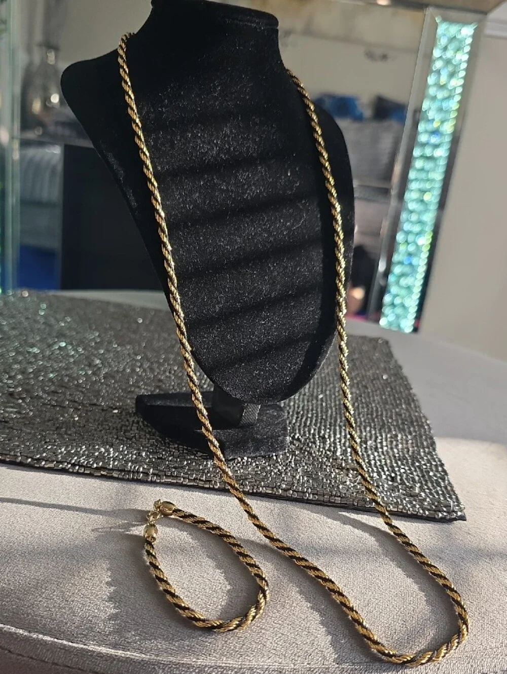 Trifari Gold and Black Twisted Rope Long Necklace